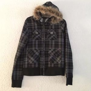 Self Esteem Faux Fur Plaid Black & Grey Jacket